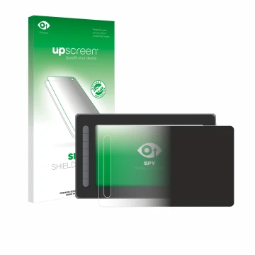 Parte frontal de un envase de producto con el logotipo de la marca upscreen. Al lado se muestra el dispositivo XP-Pen Artist 1