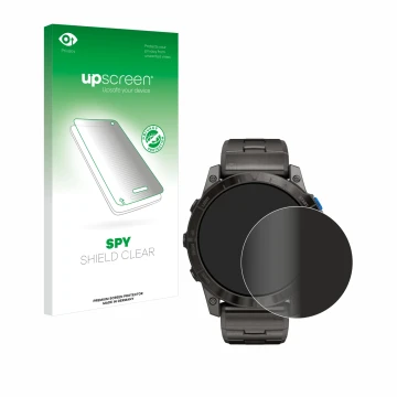 Parte frontal de un envase de producto con el logotipo de la marca upscreen. Al lado se muestra el dispositivo Garmin D2 Mach1