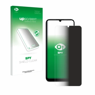 Parte frontal de un envase de producto con el logotipo de la marca upscreen. Al lado se muestra el dispositivo Samsung Galaxy 