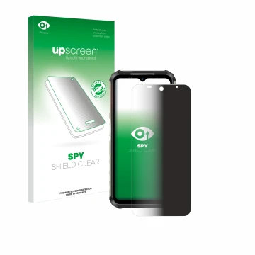 Parte frontal de un envase de producto con el logotipo de la marca upscreen. Al lado se muestra el dispositivo Ulefone Armor 2
