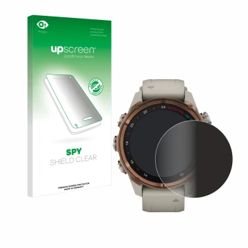 Parte frontal de un envase de producto con el logotipo de la marca upscreen. Al lado se muestra el dispositivo Garmin Descent 