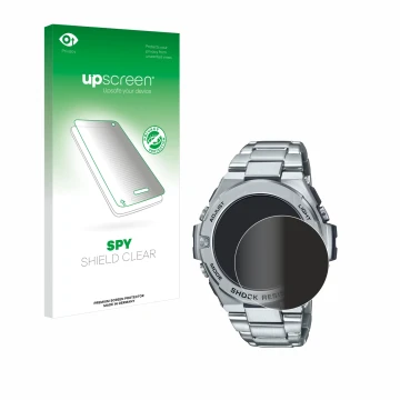 Parte frontal de un envase de producto con el logotipo de la marca upscreen. Al lado se muestra el dispositivo Casio G-Shock G