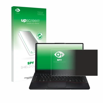 Parte frontal de un envase de producto con el logotipo de la marca upscreen. Al lado se muestra el dispositivo Fujitsu Lifeboo