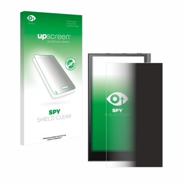 Parte frontal de un envase de producto con el logotipo de la marca upscreen. Al lado se muestra el dispositivo Astell&Kern Kan