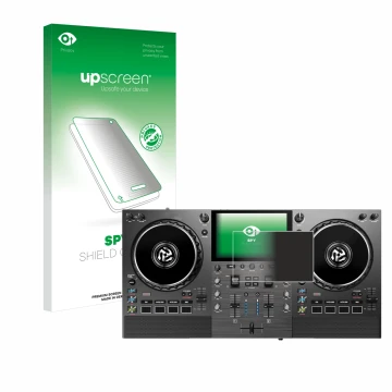 Parte frontal de un envase de producto con el logotipo de la marca upscreen. Al lado se muestra el dispositivo Numark Mixstrea