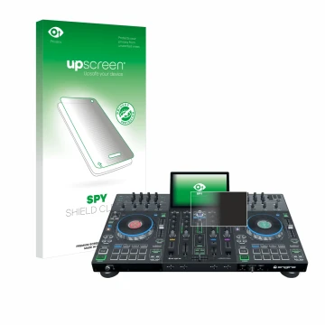 Parte frontal de un envase de producto con el logotipo de la marca upscreen. Al lado se muestra el dispositivo Denon DJ Prime 