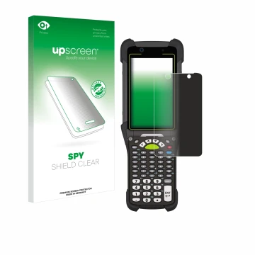 Parte frontal de un envase de producto con el logotipo de la marca upscreen. Al lado se muestra el dispositivo Zebra MC9400 co