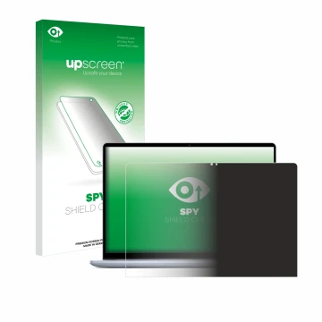 Parte frontal de un envase de producto con el logotipo de la marca upscreen. Al lado se muestra el dispositivo Dell Inspiron 1