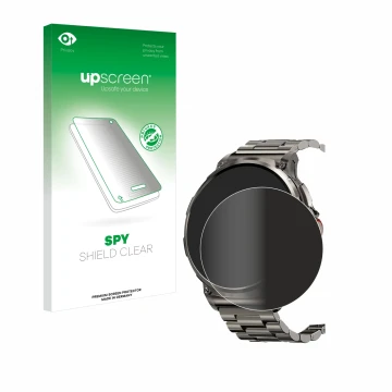 Parte frontal de un envase de producto con el logotipo de la marca upscreen. Al lado se muestra el dispositivo Tesofit Smartwa