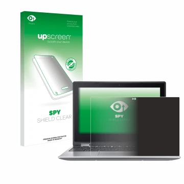 Parte frontal de un envase de producto con el logotipo de la marca upscreen. Al lado se muestra el dispositivo Acer Chromebook