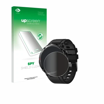 Parte frontal de un envase de producto con el logotipo de la marca upscreen. Al lado se muestra el dispositivo LIGE Smartwatch