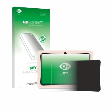 Parte frontal de un envase de producto con el logotipo de la marca upscreen. Al lado se muestra el dispositivo Doogee U10 Kid 
