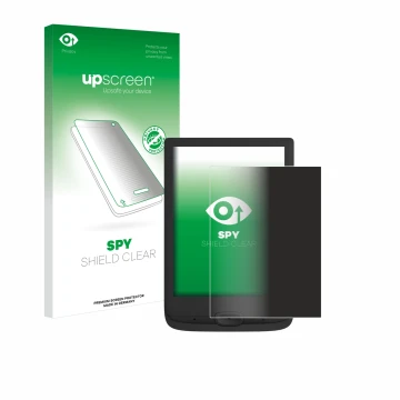 Parte frontal de un envase de producto con el logotipo de la marca upscreen. Al lado se muestra el dispositivo PocketBook Basi