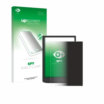 Parte frontal de un envase de producto con el logotipo de la marca upscreen. Al lado se muestra el dispositivo Vivlio InkPad 4