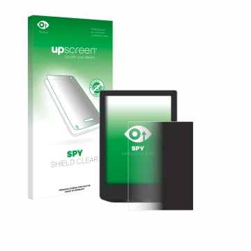 Parte frontal de un envase de producto con el logotipo de la marca upscreen. Al lado se muestra el dispositivo Vivlio Light HD