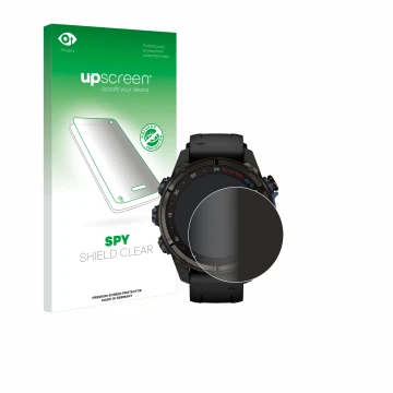 Parte frontal de un envase de producto con el logotipo de la marca upscreen. Al lado se muestra el dispositivo Garmin Descent 
