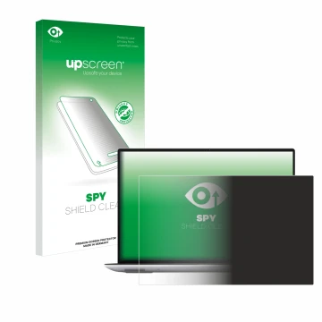 Parte frontal de un envase de producto con el logotipo de la marca upscreen. Al lado se muestra el dispositivo Dell Precision 