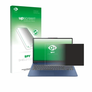 Parte frontal de un envase de producto con el logotipo de la marca upscreen. Al lado se muestra el dispositivo Lenovo IdeaPad 