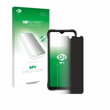 Parte frontal de un envase de producto con el logotipo de la marca upscreen. Al lado se muestra el dispositivo Umidigi Bison X