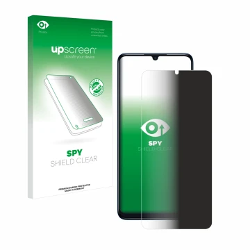 Parte frontal de un envase de producto con el logotipo de la marca upscreen. Al lado se muestra el dispositivo TCL 505 con su 