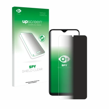 Parte frontal de un envase de producto con el logotipo de la marca upscreen. Al lado se muestra el dispositivo Tecno Spark 10 