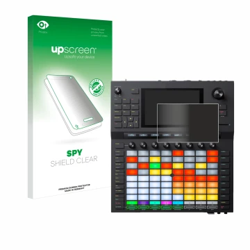 Parte frontal de un envase de producto con el logotipo de la marca upscreen. Al lado se muestra el dispositivo Akai Force con 