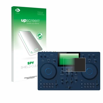 Parte frontal de un envase de producto con el logotipo de la marca upscreen. Al lado se muestra el dispositivo AlphaTheta OMNI