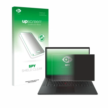 Parte frontal de un envase de producto con el logotipo de la marca upscreen. Al lado se muestra el dispositivo Lenovo ThinkPad