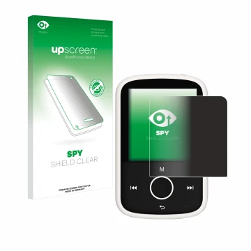 Parte frontal de un envase de producto con el logotipo de la marca upscreen. Al lado se muestra el dispositivo Majority MP3 16
