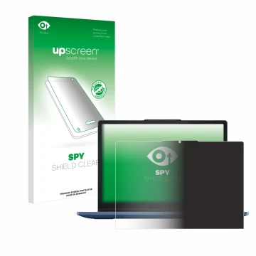 Parte frontal de un envase de producto con el logotipo de la marca upscreen. Al lado se muestra el dispositivo Lenovo IdeaPad 