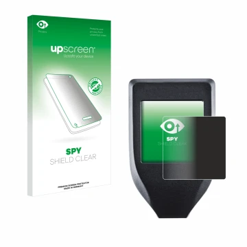 Parte frontal de un envase de producto con el logotipo de la marca upscreen. Al lado se muestra el dispositivo Trezor Model T 