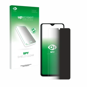 Parte frontal de un envase de producto con el logotipo de la marca upscreen. Al lado se muestra el dispositivo Xiaomi Redmi A3