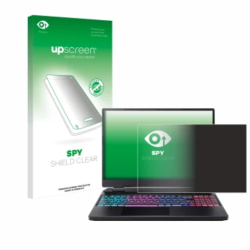 Parte frontal de un envase de producto con el logotipo de la marca upscreen. Al lado se muestra el dispositivo Acer Predator H