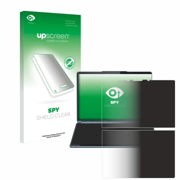 Parte frontal de un envase de producto con el logotipo de la marca upscreen. Al lado se muestra el dispositivo Lenovo Yoga Boo