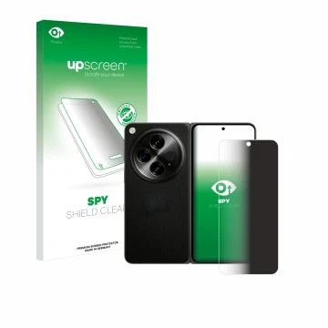 Parte frontal de un envase de producto con el logotipo de la marca upscreen. Al lado se muestra el dispositivo OnePlus Open (c