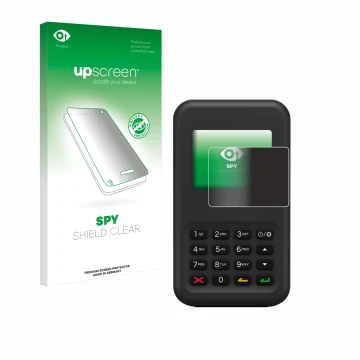 Parte frontal de un envase de producto con el logotipo de la marca upscreen. Al lado se muestra el dispositivo Shopify WisePad