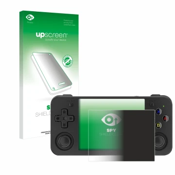 Parte frontal de un envase de producto con el logotipo de la marca upscreen. Al lado se muestra el dispositivo Anbernic RG35XX