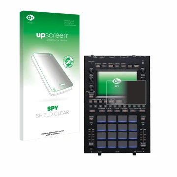 Parte frontal de un envase de producto con el logotipo de la marca upscreen. Al lado se muestra el dispositivo KORG KAOSS Repl