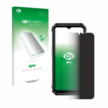 Parte frontal de un envase de producto con el logotipo de la marca upscreen. Al lado se muestra el dispositivo Ulefone Power A