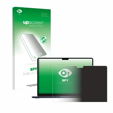 Parte frontal de un envase de producto con el logotipo de la marca upscreen. Al lado se muestra el dispositivo Apple MacBook A