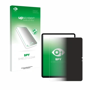 Parte frontal de un envase de producto con el logotipo de la marca upscreen. Al lado se muestra el dispositivo Apple iPad Air 