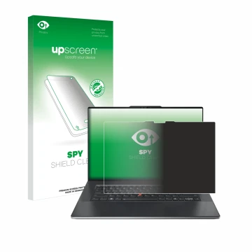 Parte frontal de un envase de producto con el logotipo de la marca upscreen. Al lado se muestra el dispositivo Lenovo ThinkPad