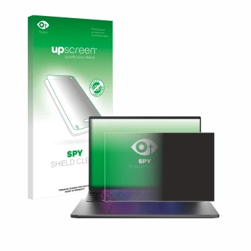Parte frontal de un envase de producto con el logotipo de la marca upscreen. Al lado se muestra el dispositivo Acer Swift Go 1
