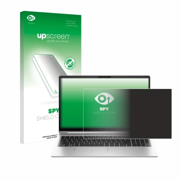 Parte frontal de un envase de producto con el logotipo de la marca upscreen. Al lado se muestra el dispositivo HP EliteBook 64