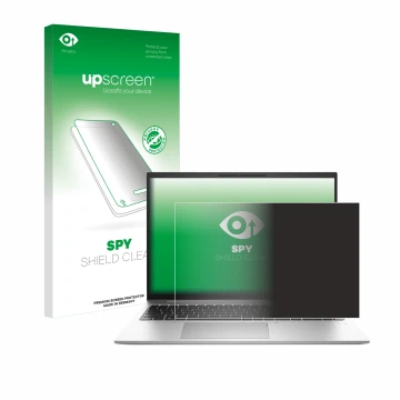 Parte frontal de un envase de producto con el logotipo de la marca upscreen. Al lado se muestra el dispositivo HP EliteBook 86