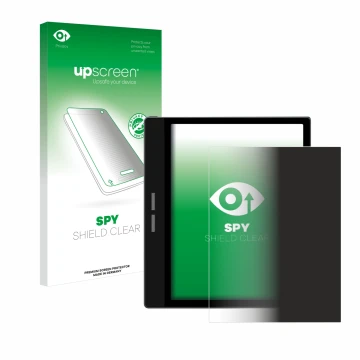 Parte frontal de un envase de producto con el logotipo de la marca upscreen. Al lado se muestra el dispositivo Bigme B751C con