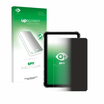 Parte frontal de un envase de producto con el logotipo de la marca upscreen. Al lado se muestra el dispositivo Doogee R20 con 