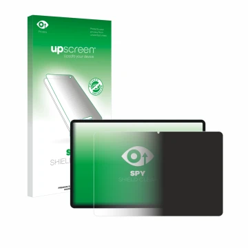 Parte frontal de un envase de producto con el logotipo de la marca upscreen. Al lado se muestra el dispositivo Teclast P50 con