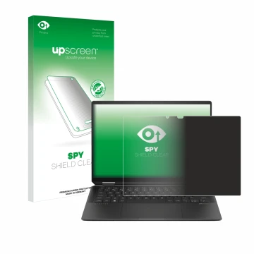 Parte frontal de un envase de producto con el logotipo de la marca upscreen. Al lado se muestra el dispositivo HP Spectre x360