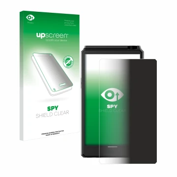 Parte frontal de un envase de producto con el logotipo de la marca upscreen. Al lado se muestra el dispositivo Hiby R6 III con